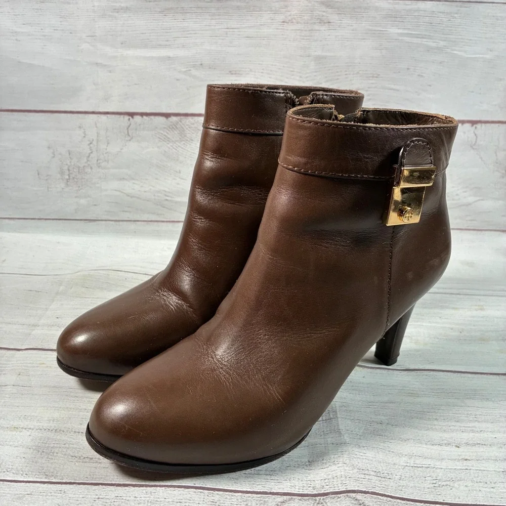 Tory Burch Bristol Booties Womens 9.5 Brown Leather Gold Logo Buckle Ankle Boots